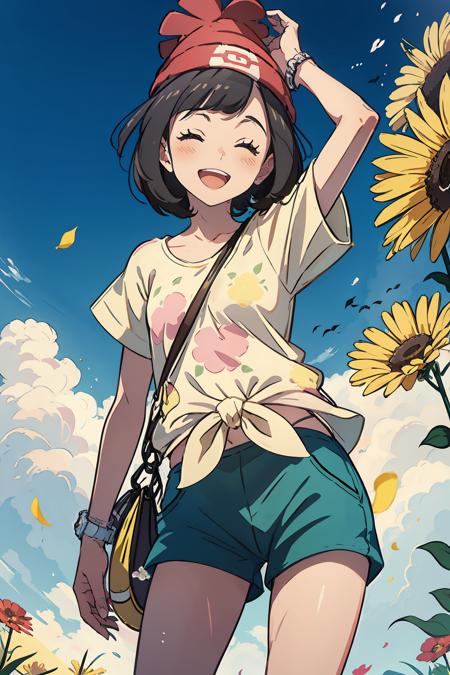 02559-2206573882-masterpiece, best quality, _lora_selene_1_,1girl, selene (pokemon), flower, hat, shorts, pokemon (creature), green shorts, shirt.png